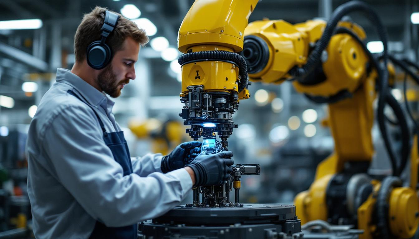 A photograph of a technician inspecting an industrial robotic arm in a modern manufacturing facility