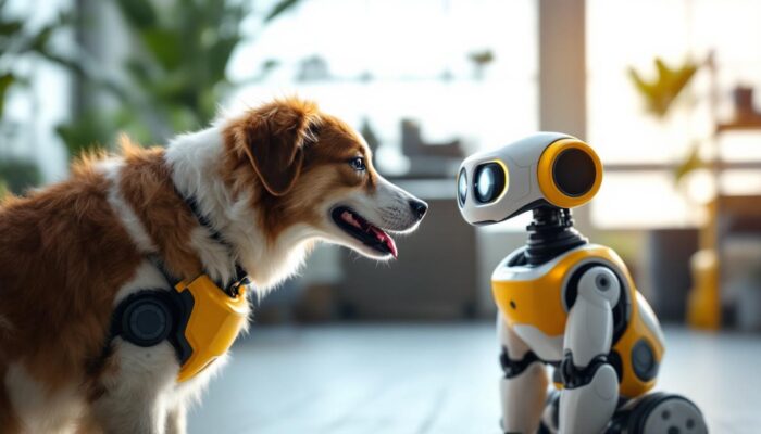 A photograph of a friendly dog interacting with a robotic device in a modern