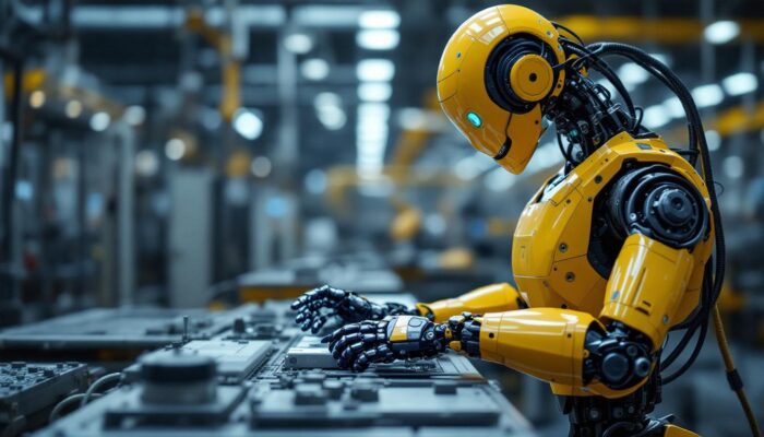 A photograph of a sleek industrial robot in action within a manufacturing environment