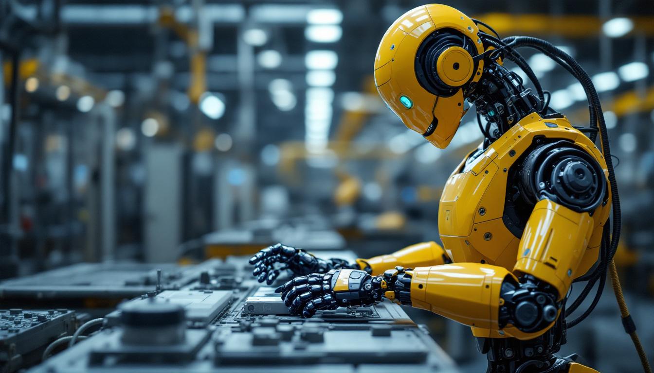 A photograph of a sleek industrial robot in action within a manufacturing environment