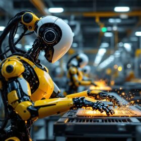 A photograph of a modern industrial robot in action within a factory setting