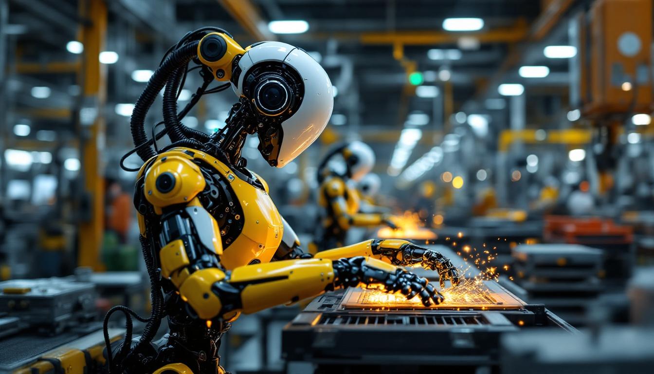 A photograph of a modern industrial robot in action within a factory setting