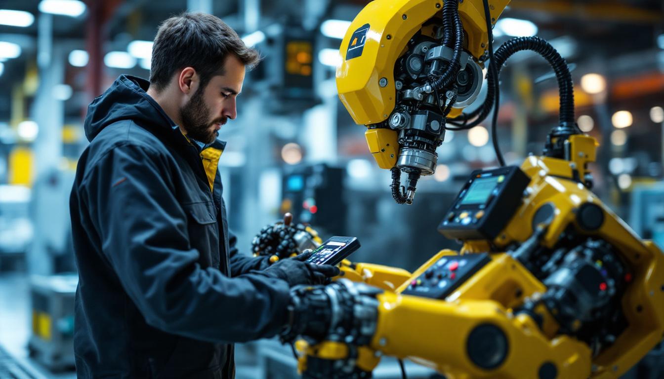 A photograph of a skilled industrial controls technician working on a sophisticated industrial robot