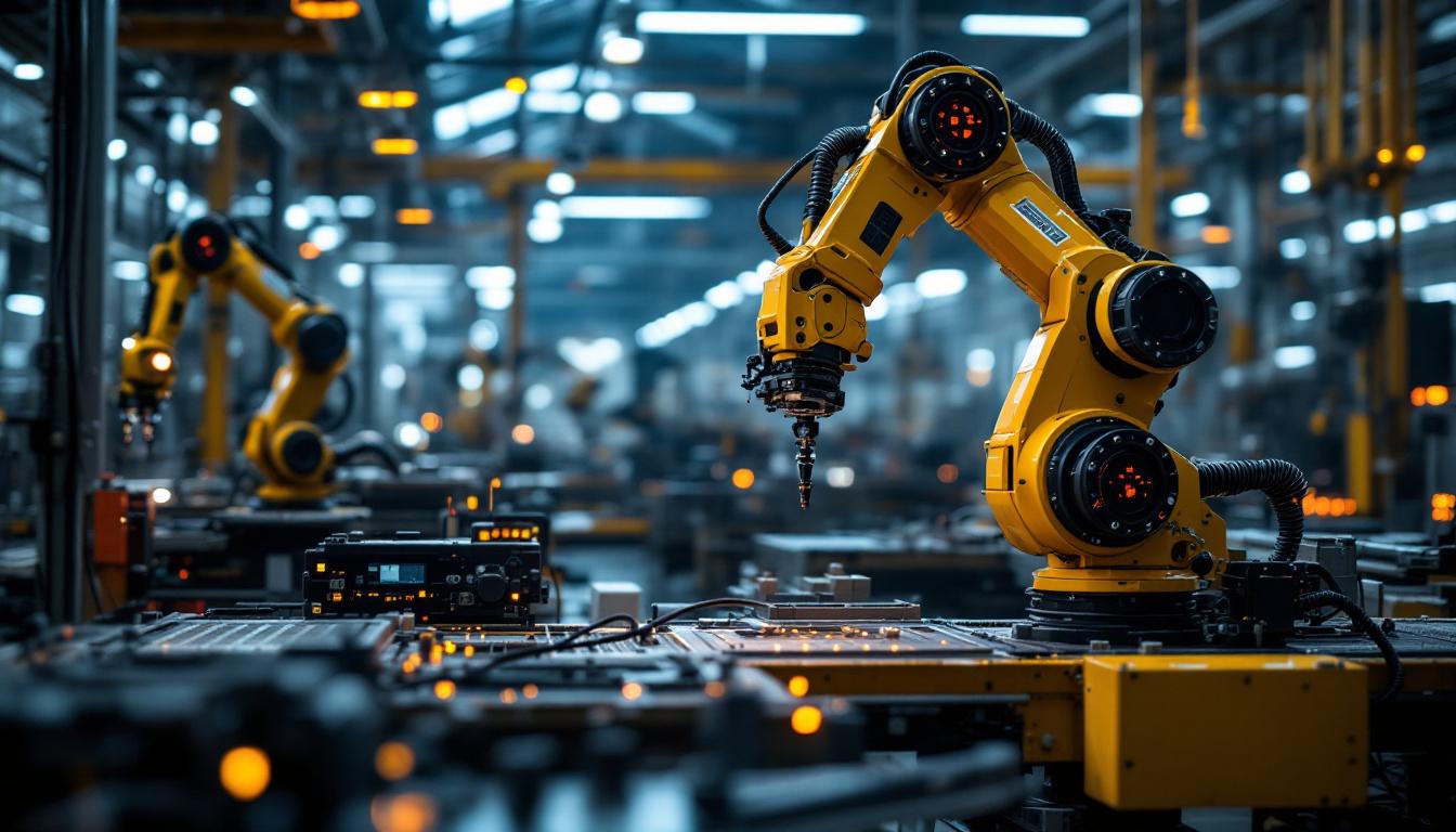 A photograph of a modern industrial workspace featuring advanced robotic machinery in action