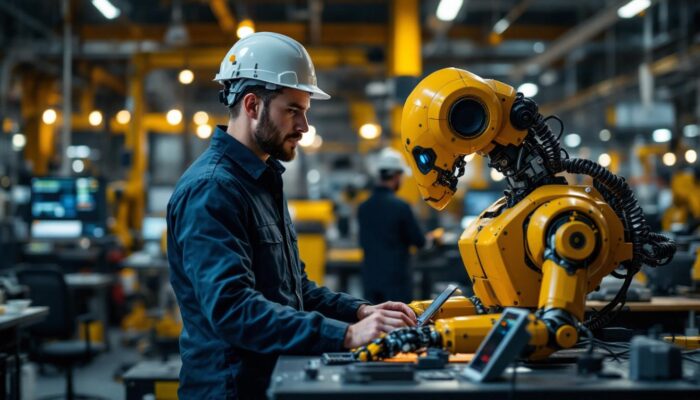 A photograph of a skilled engineer programming or interacting with an industrial robot in a modern workspace