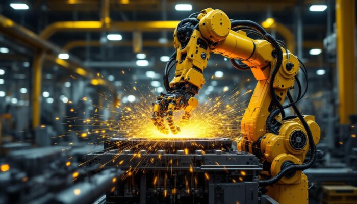 A photograph of a dynamic industrial robot in action within a manufacturing setting