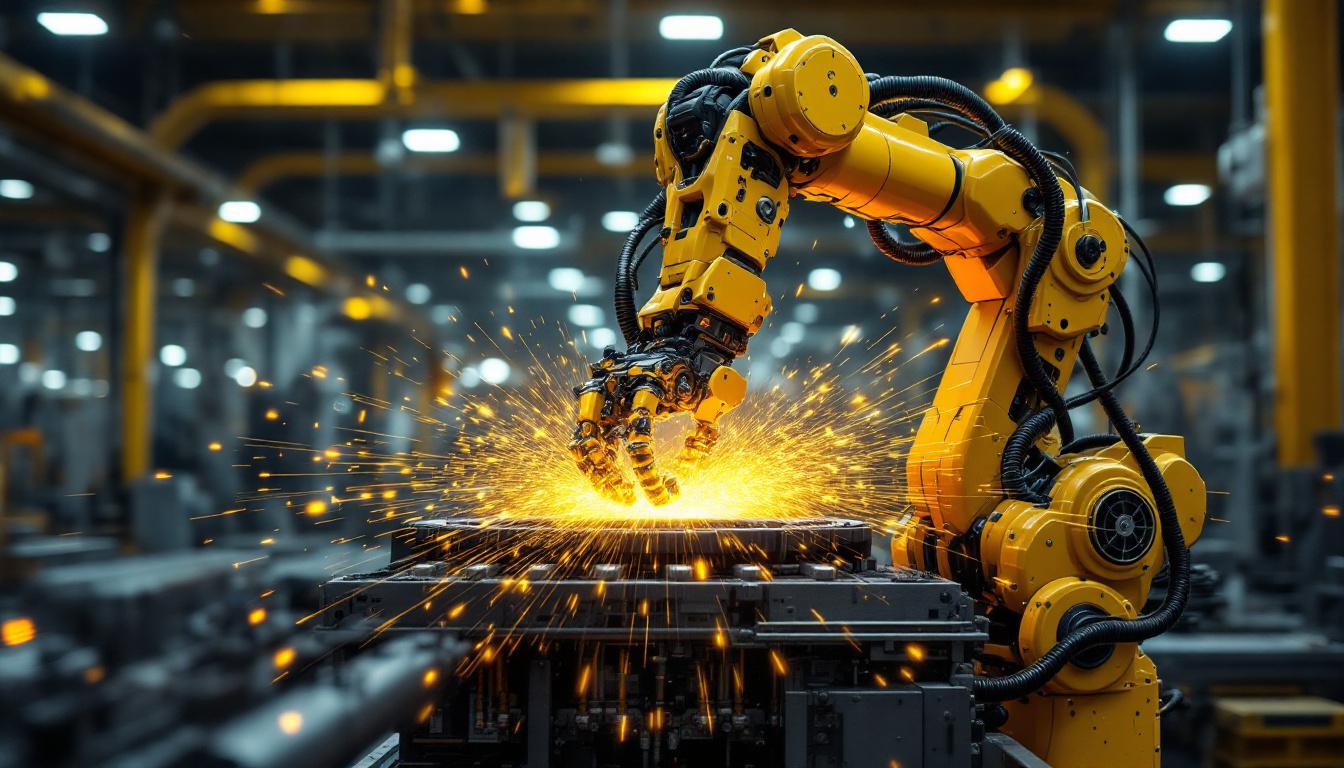 A photograph of a dynamic industrial robot in action within a manufacturing setting