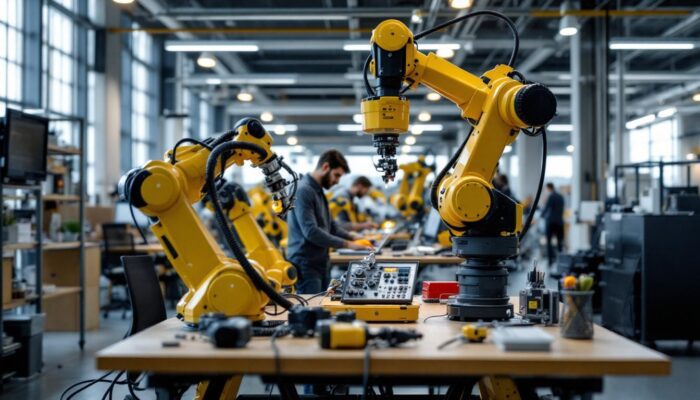 A photograph of a dynamic industrial robotics workspace in boston