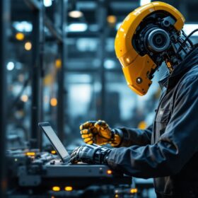 A photograph of a skilled engineer working alongside an industrial robot in a modern manufacturing setting