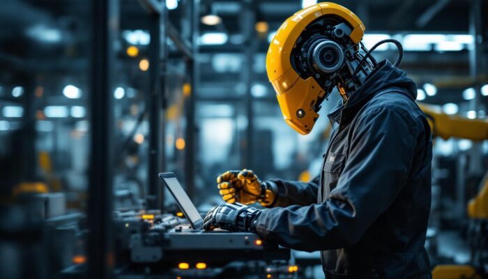 A photograph of a skilled engineer working alongside an industrial robot in a modern manufacturing setting