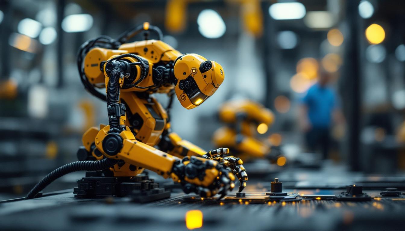 A photograph of a close-up shot of a miniature industrial robot in action