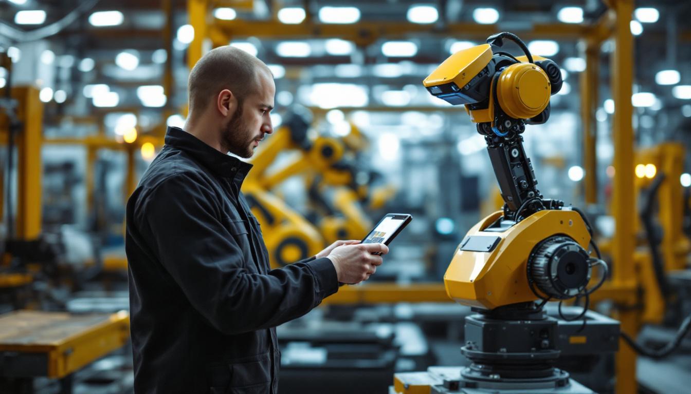 A photograph of a skilled technician programming or interacting with an industrial robot in a modern manufacturing environment