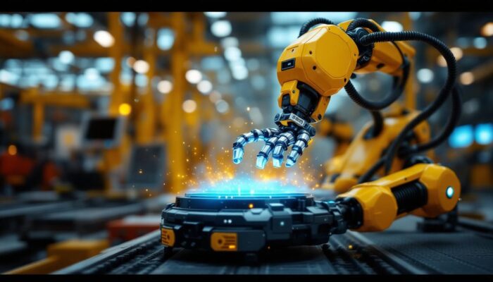 A photograph of a state-of-the-art industrial robot in action