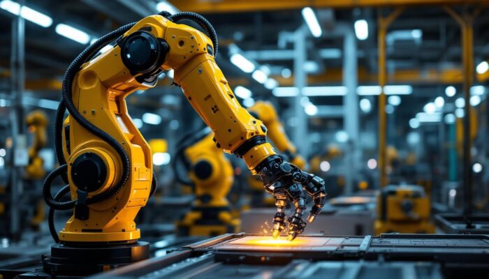 A photograph of a modern industrial robotic arm in action