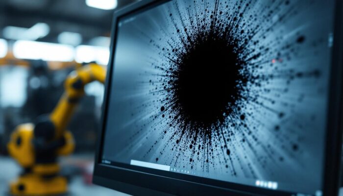 A photograph of a close-up view of a computer monitor displaying a prominent black spot