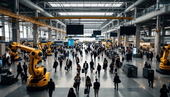A photograph of a bustling scene at boston logan airport