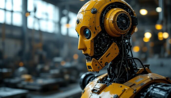 A photograph of a vintage industrial robot in a factory setting