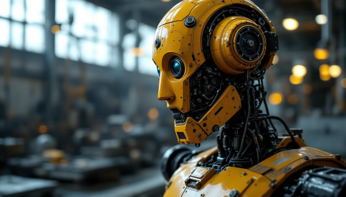 A photograph of a vintage industrial robot in a factory setting