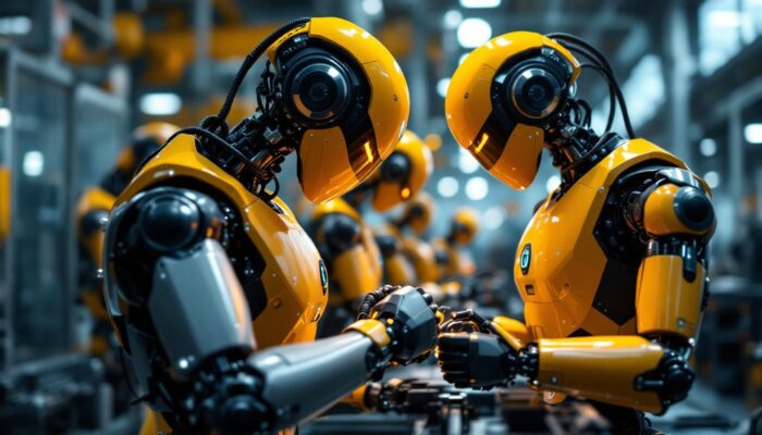 A photograph of a sleek industrial robot in action within a manufacturing environment
