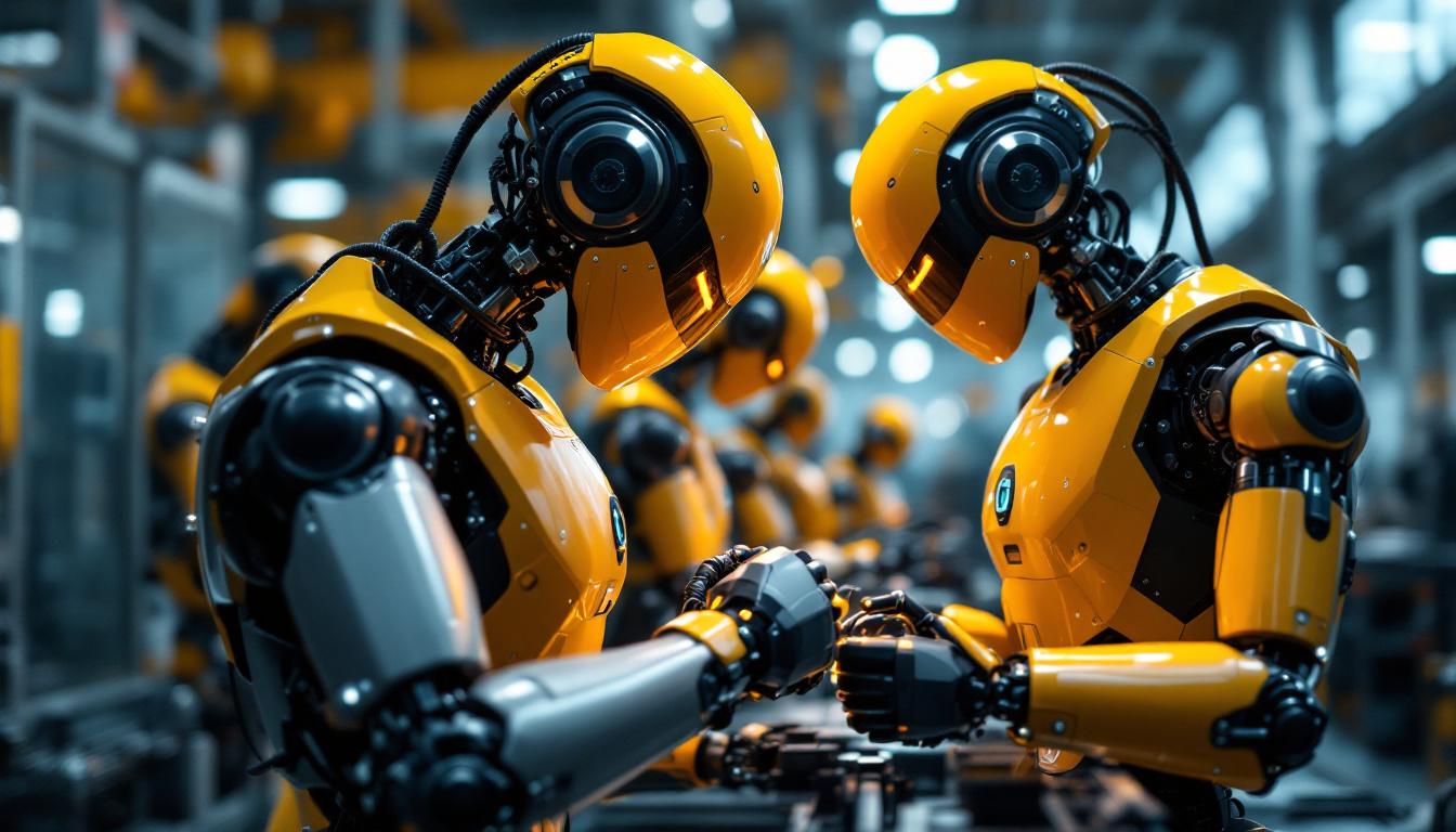 A photograph of a sleek industrial robot in action within a manufacturing environment