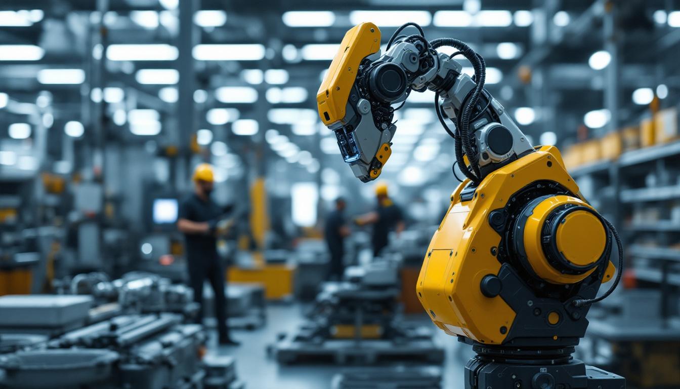 A photograph of a high-tech industrial robot in action within a modern manufacturing facility