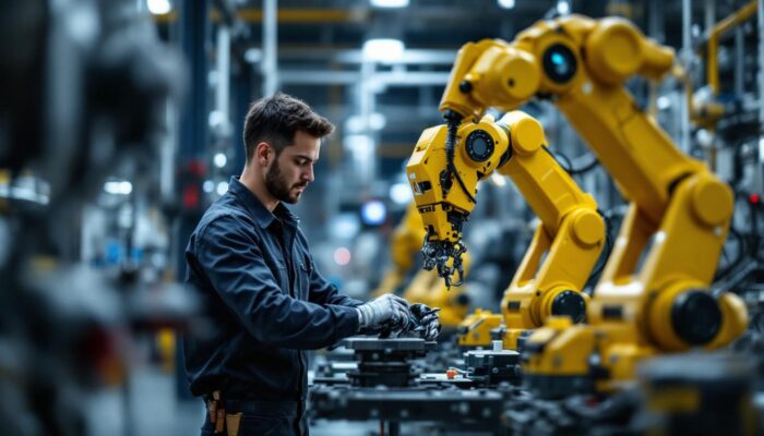 A photograph of a skilled technician working alongside industrial robots in a modern houston facility