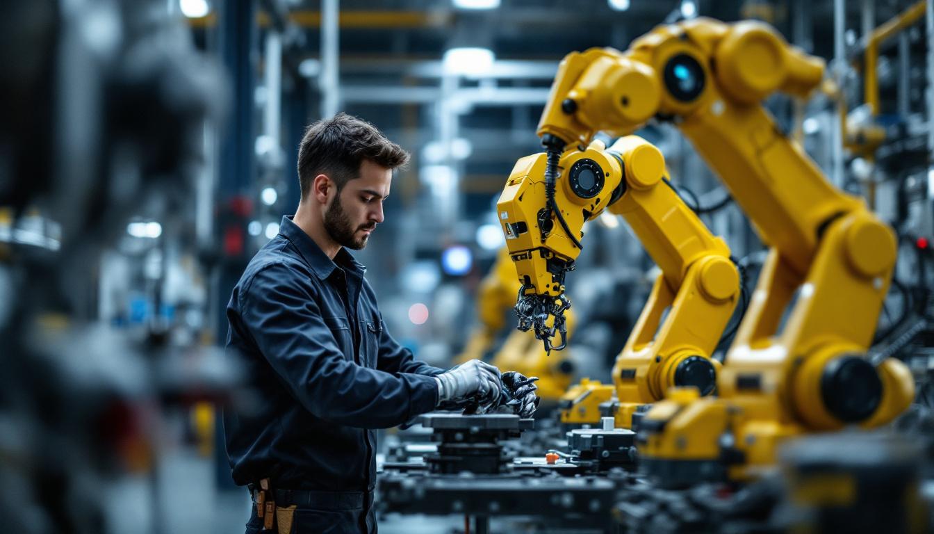 A photograph of a skilled technician working alongside industrial robots in a modern houston facility