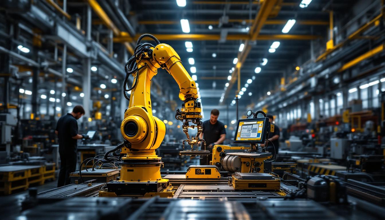 A photograph of a dynamic industrial setting featuring a robotic arm in action