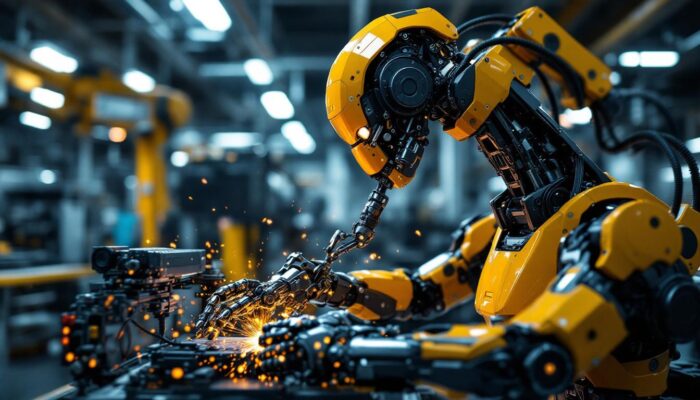 A photograph of a sleek industrial robot in action