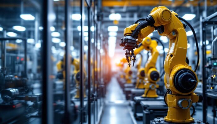 A photograph of a boston scientific facility showcasing industrial robots in action