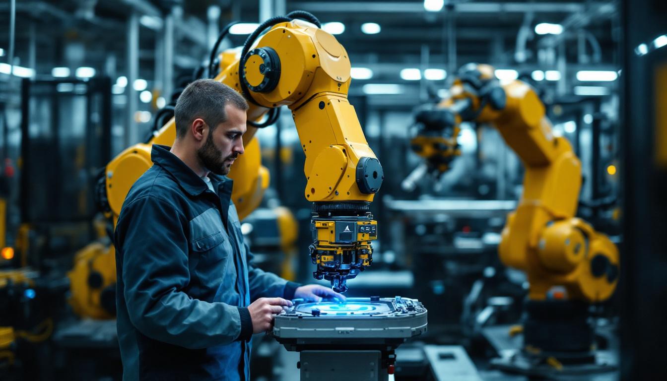 A photograph of a technician interacting with an industrial robotic arm in a modern manufacturing environment