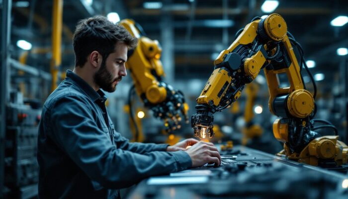 A photograph of a software engineer collaborating with a robotic arm in a modern industrial setting