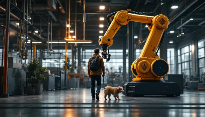 A photograph of a person walking a dog alongside an industrial robotic arm in a modern urban setting