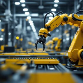 A photograph of a sleek industrial robotic arm in action within a modern manufacturing environment