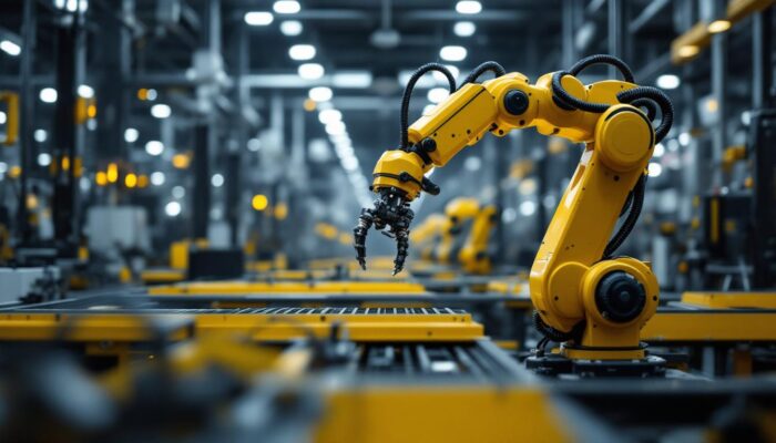 A photograph of a sleek industrial robotic arm in action within a modern manufacturing environment
