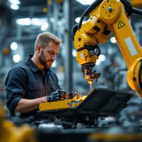 A photograph of a skilled industrial engineer working alongside a robotic arm in a modern manufacturing environment