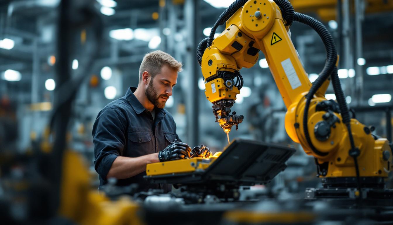 A photograph of a skilled industrial engineer working alongside a robotic arm in a modern manufacturing environment
