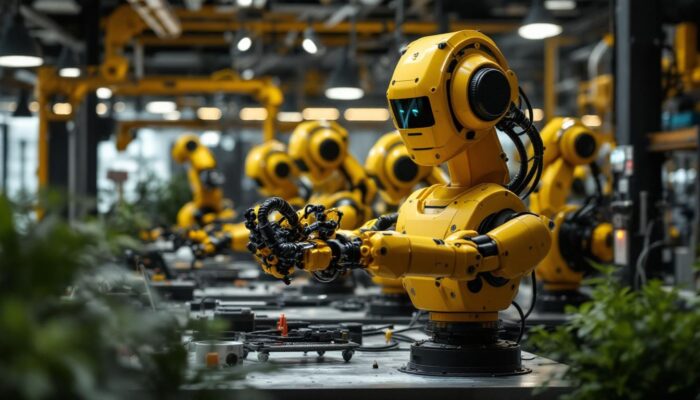 A photograph of a dynamic scene showcasing industrial robots in action within the google zurich office