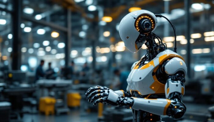 A photograph of a sleek industrial robot in action