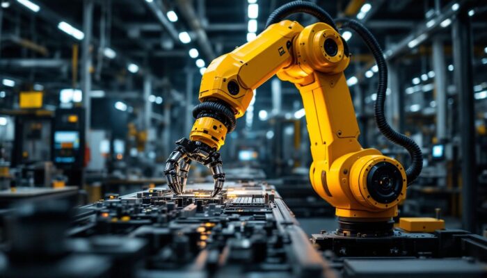 A photograph of a dynamic industrial setting featuring a robotic arm in action