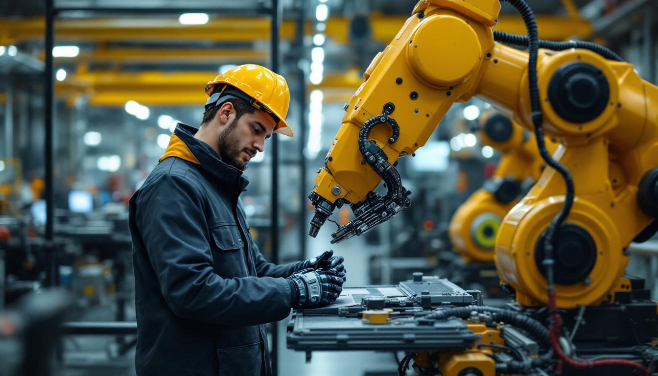 A photograph of a vibrant boston industrial setting featuring a skilled intern working alongside advanced robotic machinery