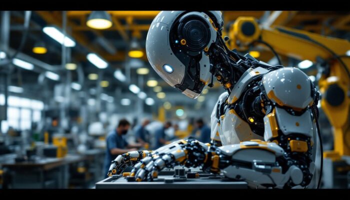 A photograph of a modern industrial robot in action within a manufacturing setting