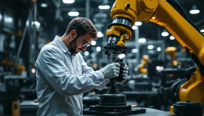 A photograph of a skilled technician adjusting the cane height on an industrial robotic arm in a well-lit factory setting