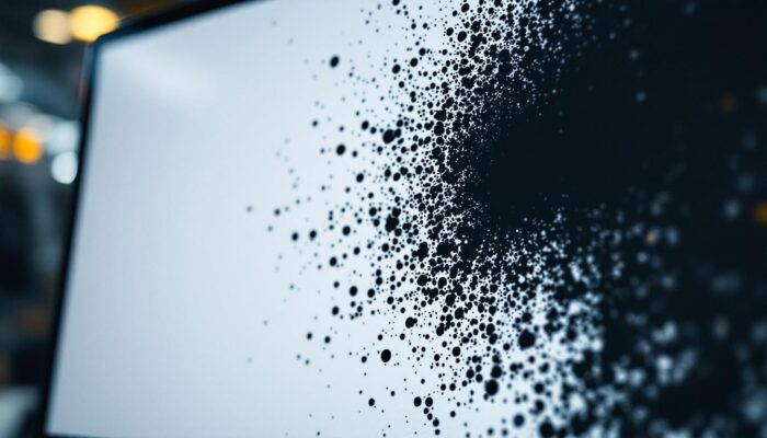 A photograph of a close-up shot of a computer screen displaying a prominent black spot