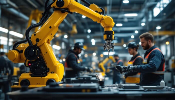 A photograph of a modern industrial setting featuring a robotic arm in action