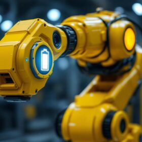 A photograph of a vibrant industrial robotic arm in action