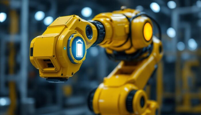 A photograph of a vibrant industrial robotic arm in action