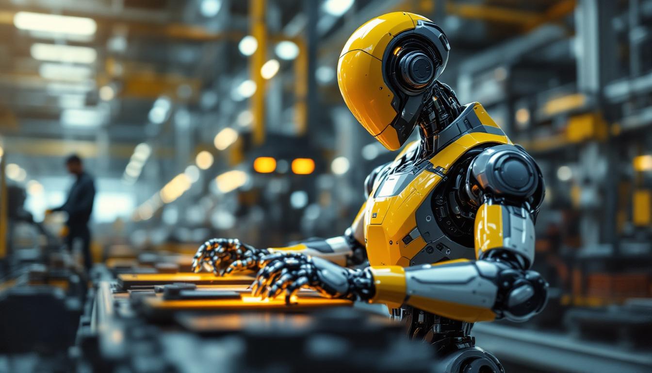 A photograph of a sleek industrial robot in action within a modern manufacturing facility