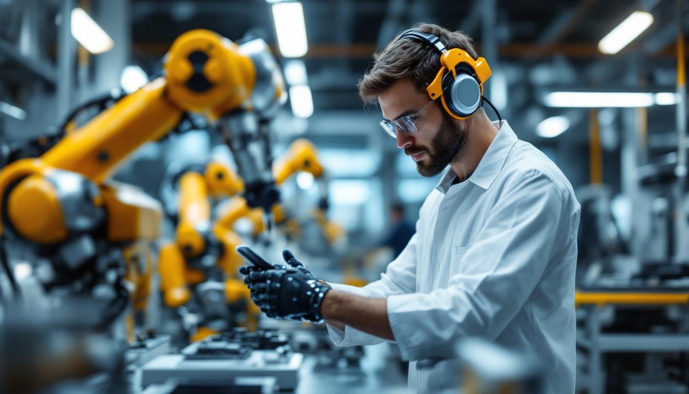 A photograph of a biomedical engineer working collaboratively with industrial robots in a high-tech lab setting