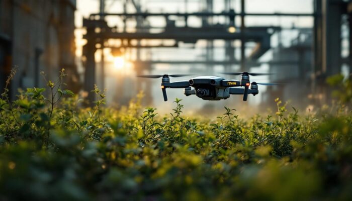 A photograph of a drone trimmer in action